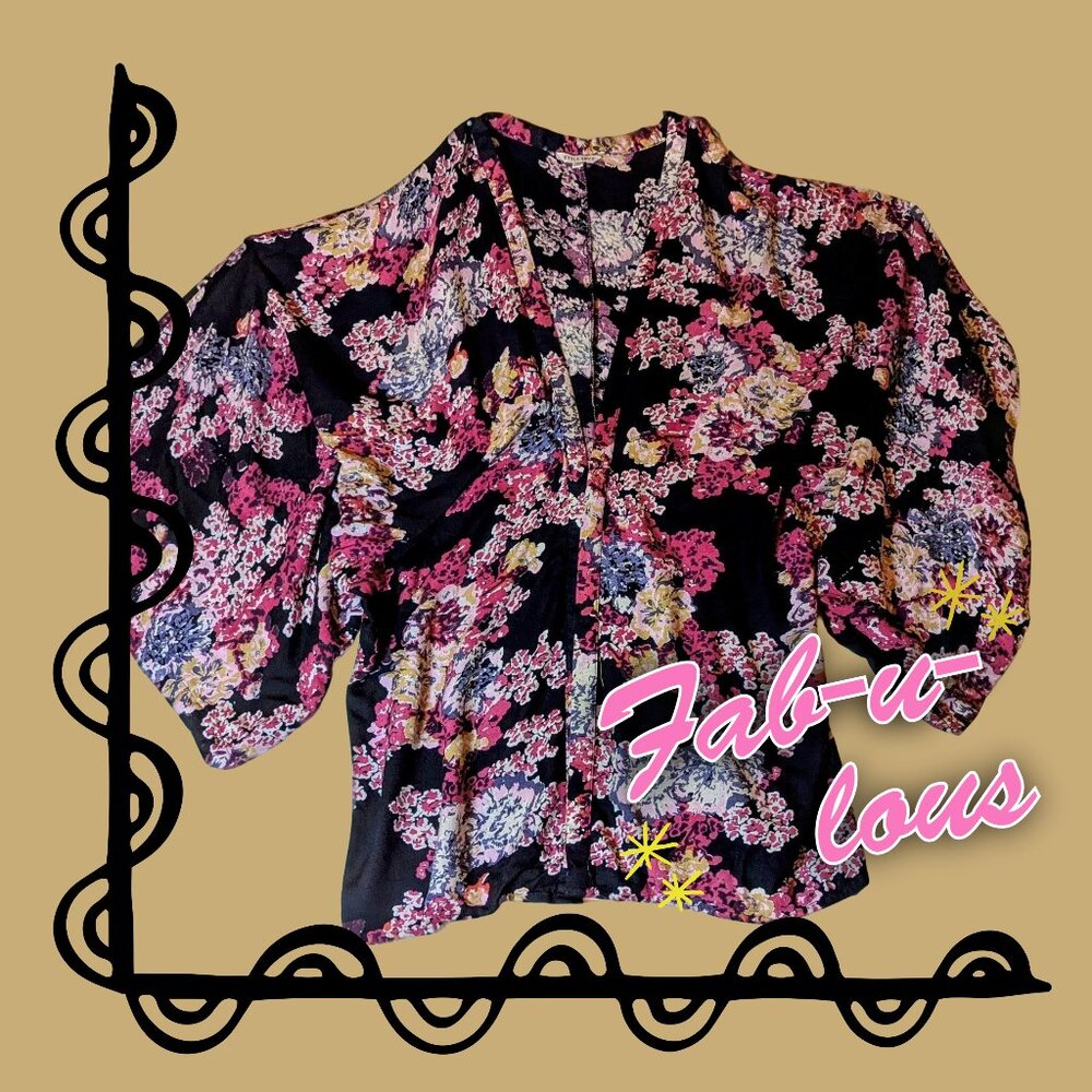 FABulous Floral Style Envy black boho kimono with burgundy and pink florals, 1X
